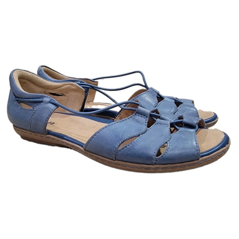 Earth Aloha Sandals Womens 9 B Casual Peep Toe Bungee Slip On Flats Blue Leather